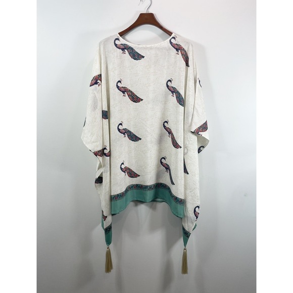 Roller Rabbit Poncho Cover Up 100% Silk Peacock Print Tassels Beige Teal - Picture 2 of 10
